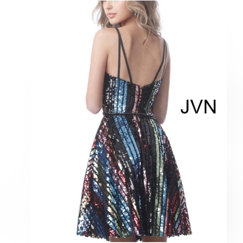 JVN by Jovani Multi Sequin V Neck Fit and Flare Short Dress JVN2540 - Picture 2 of 16